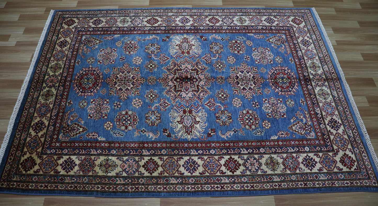 5x7 ft Blue Kazak Area Rug, Afghan Hand Knotted Wool Traditional Carpet, Rugs For Living Room, Bedroom Rug, Dining Table Rug, Kids Room Rug