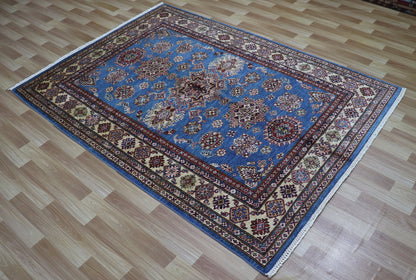 5x7 ft Blue Kazak Area Rug, Afghan Hand Knotted Wool Traditional Carpet, Rugs For Living Room, Bedroom Rug, Dining Table Rug, Kids Room Rug