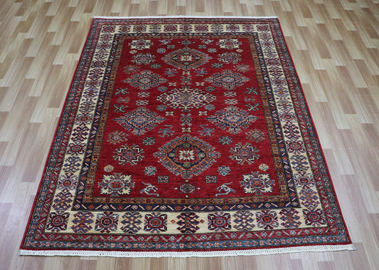 5x7 ft Red Oriental Area Rug, Afghan Hand Knotted Wool Traditional Carpet, Rugs For Living Room, Bedroom Rug, Dining Table Rug, Kitchen Rug