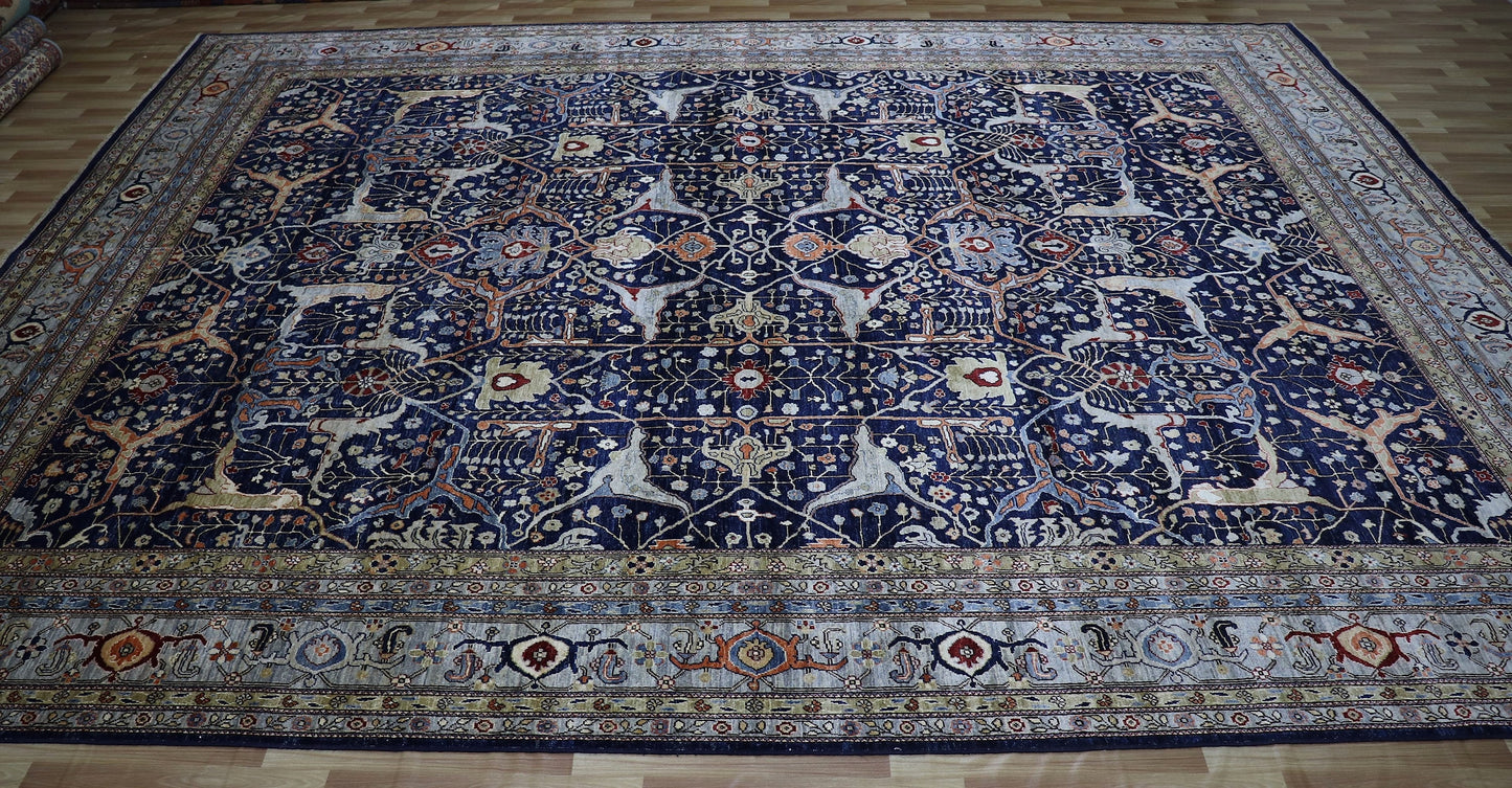 12x15 Ft Arabesque Bidjar Large Area Rug, Blue Persian Hand Knotted Wool Traditional Rectangle Carpet, Rug For Living Room, Dining Table Rug