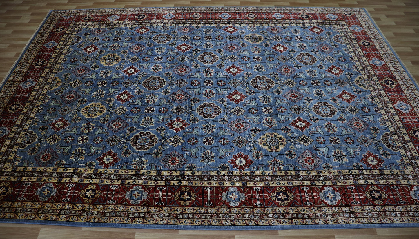 9x12 Ft Blue Floral Large Area Rug, Afghan Hand Knotted Wool Traditional Rectangle Carpet, Living Room Rug, Bedroom Rug, Dining Table Rug