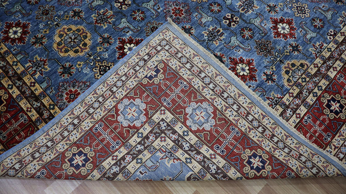 9x12 Ft Blue Floral Large Area Rug, Afghan Hand Knotted Wool Traditional Rectangle Carpet, Living Room Rug, Bedroom Rug, Dining Table Rug