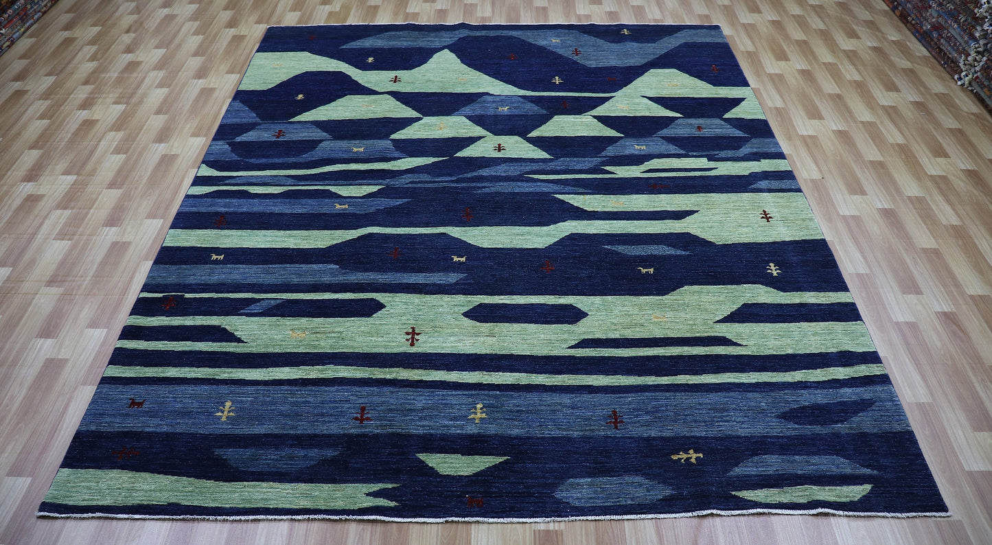 8x10 ft Gabbeh Area Rug, Blue & Green Afghan Hand Knotted Wool Traditional Rectangle Carpet, Rugs For Living Room, Bedroom Rug, Animal Rug