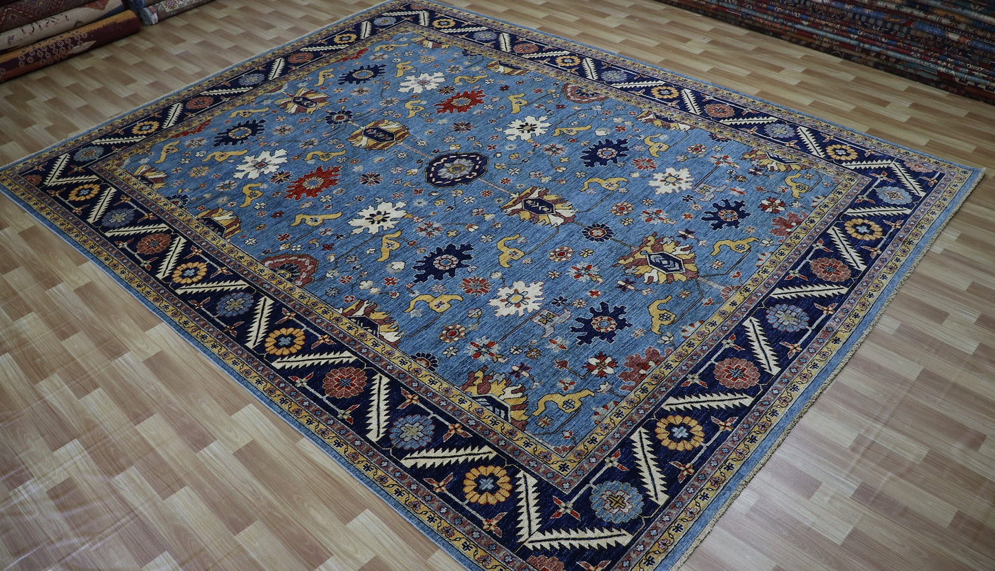 9x12 Ft Blue Oriental Large Area Rug, Afghan Hand Knotted Wool Traditional Rectangle Carpet, Living Room Rug, Bedroom Rug, Dining Table Rug