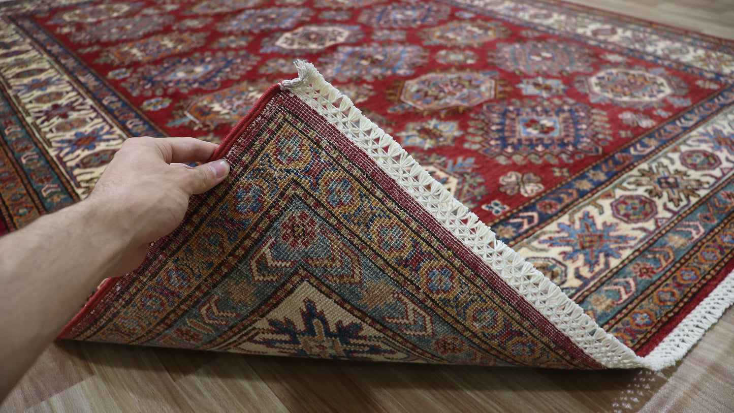 6x8 ft Afghan Area Rug, Red Oriental Hand Knotted Wool Traditional Carpet, Rugs For Living Room, Bedroom Rug, Dining Table Rug, Kitchen Rug