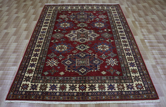 6x8 Ft Oriental Kazak Area Rug, Red Afghan Hand Knotted Wool Traditional Rectangle Carpet, Living Room Rug, Bedroom Rug, Dining Table Rug