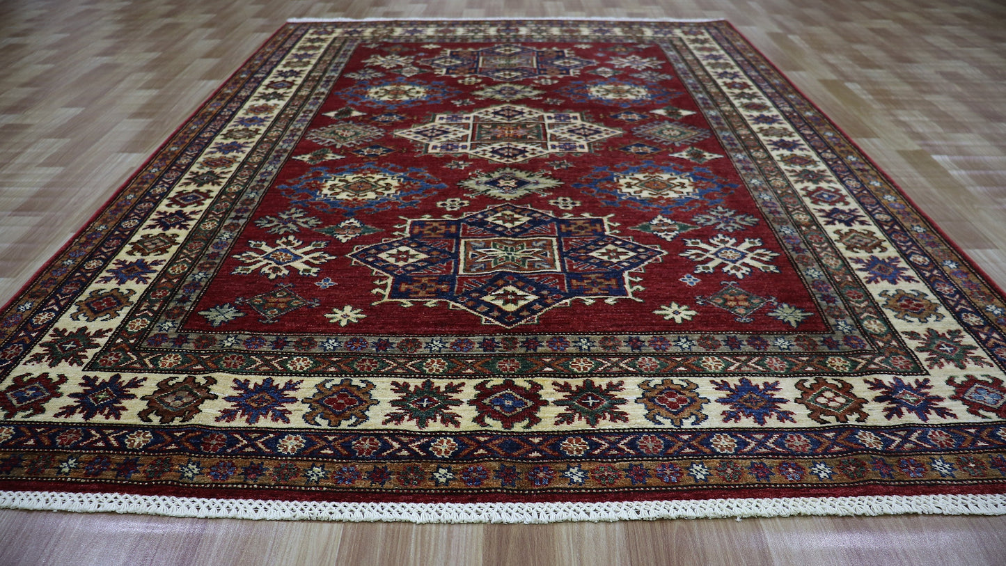 6x8 Ft Oriental Kazak Area Rug, Red Afghan Hand Knotted Wool Traditional Rectangle Carpet, Living Room Rug, Bedroom Rug, Dining Table Rug