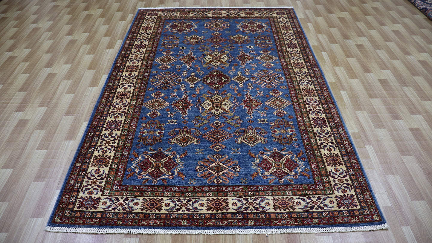 6x9 ft Blue Oriental Area Rug, Afghan Hand Knotted Wool Traditional Rectangle Carpet, Rugs For Living Room, Bedroom Rug, Dining Table Rug