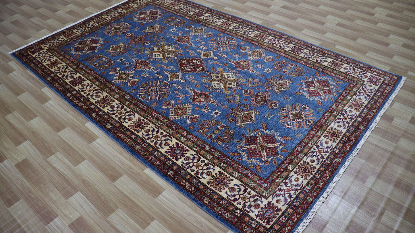 6x9 ft Blue Oriental Area Rug, Afghan Hand Knotted Wool Traditional Rectangle Carpet, Rugs For Living Room, Bedroom Rug, Dining Table Rug