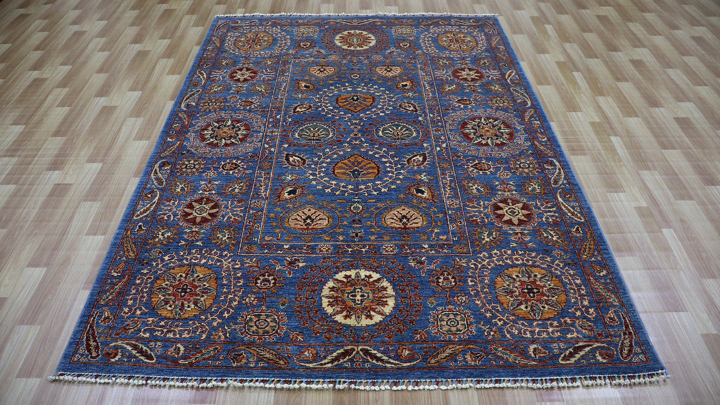 6x8 ft Blue Floral Area Rug, Afghan Hand Knotted Wool Traditional Rectangle Area Carpet, Rugs For Living Room, Bedroom Rug, Dining Table Rug