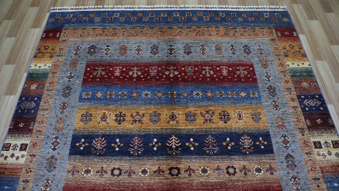 6x9 ft Gabbeh Area Rug, Blue Afghan Hand Knotted Wool Traditional Rectangle Carpet, Rugs For Living Room, Bedroom Rug, Dining Table Rug