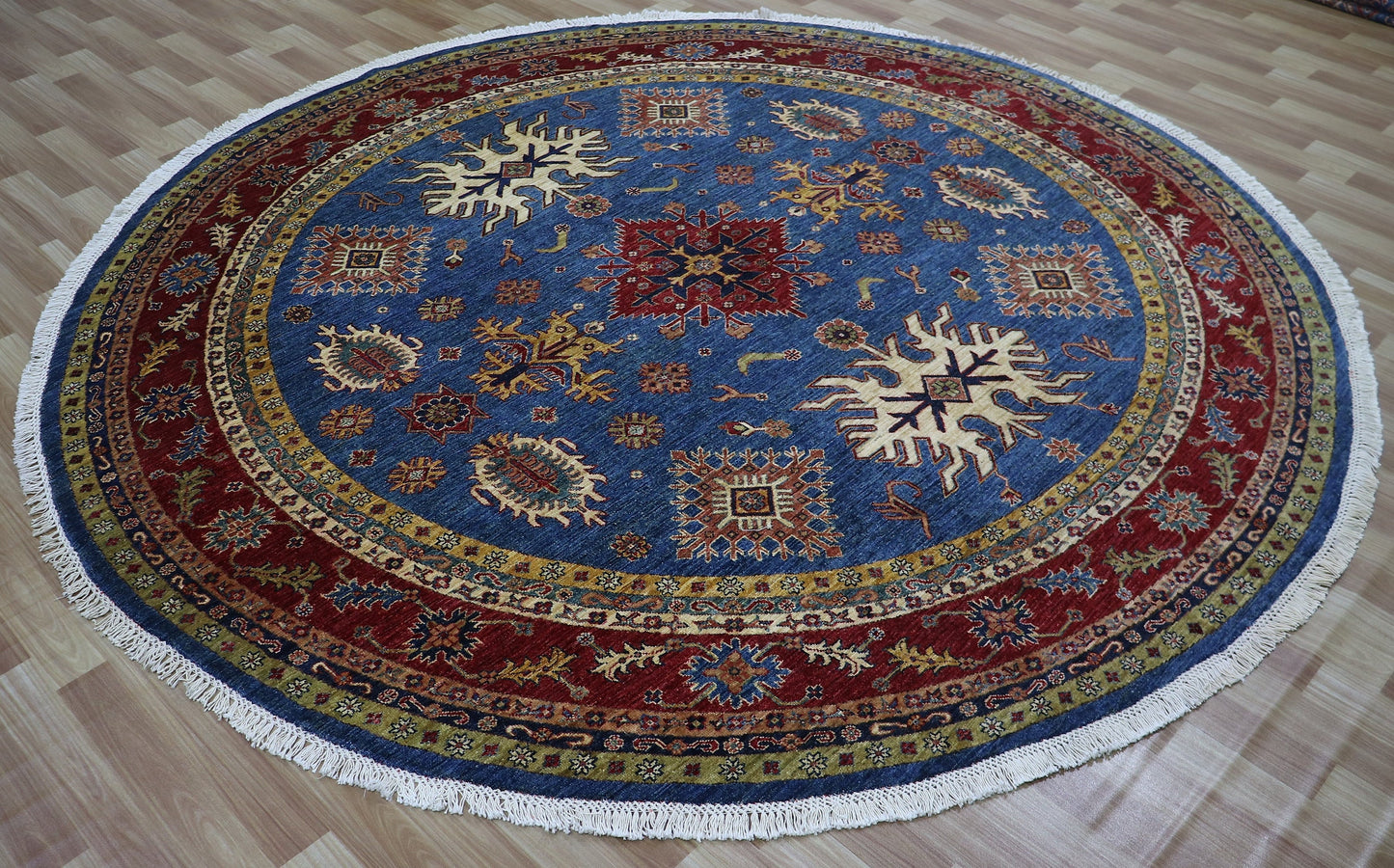 8x8 Ft Oriental Circle Area Rug, Blue Afghan Hand Knotted Wool Traditional Rectangle Carpet, Rugs For Living Room, Bedroom Rug, Entryway Rug