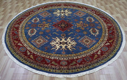 8x8 Ft Oriental Circle Area Rug, Blue Afghan Hand Knotted Wool Traditional Rectangle Carpet, Rugs For Living Room, Bedroom Rug, Entryway Rug