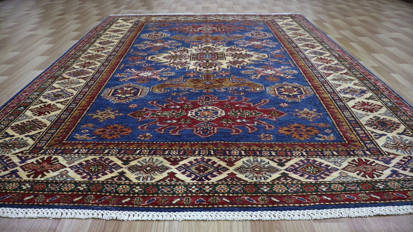 6x8 ft Oriental Area Rug, Blue Afghan Hand Knotted Wool Traditional Rectangle Carpet, Rugs For Living Room, Bedroom Rug, Dining Table Rug