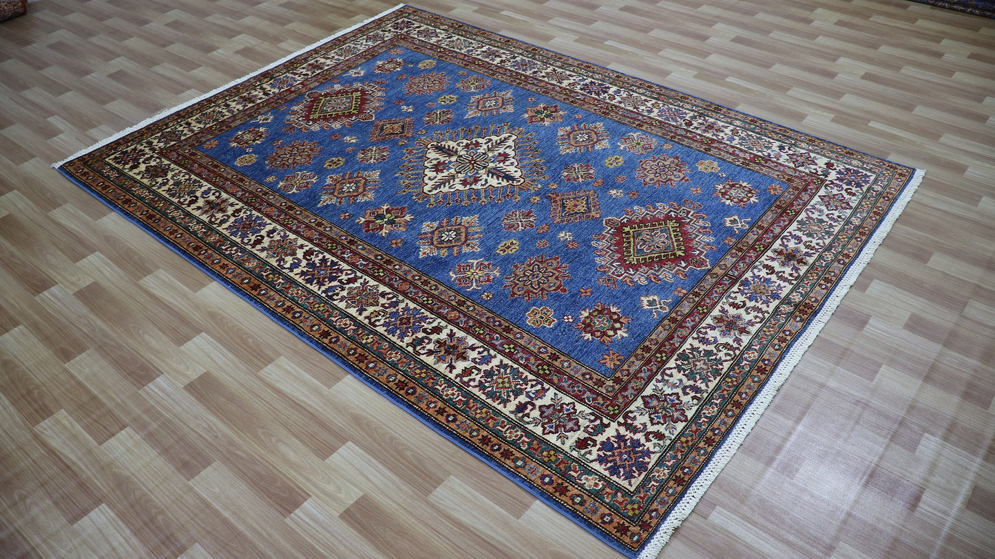 6x8 ft Kazak Area Rug, Blue Geometric Afghan Hand Knotted Wool Traditional Rectangle Carpet, Rugs For Living Room, Bedroom Rug, Dining Table