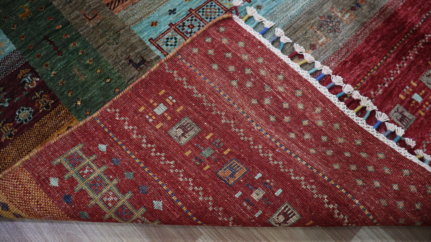 6x8 ft Gabbeh Area Rug, Red Blue Afghan Hand Knotted Wool Traditional Rectangle Carpet, Rugs For Living Room, Bedroom Rug, Dining Table Rug