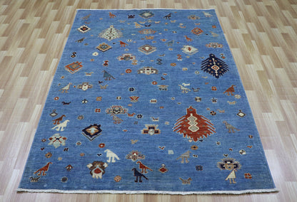 5x7 ft Gabbeh Tribal Area Rug, Blue Afghan Hand Knotted Wool Traditional Rectangle Carpet, Living RoomRug , Bedroom Rug, Dining Table Rug