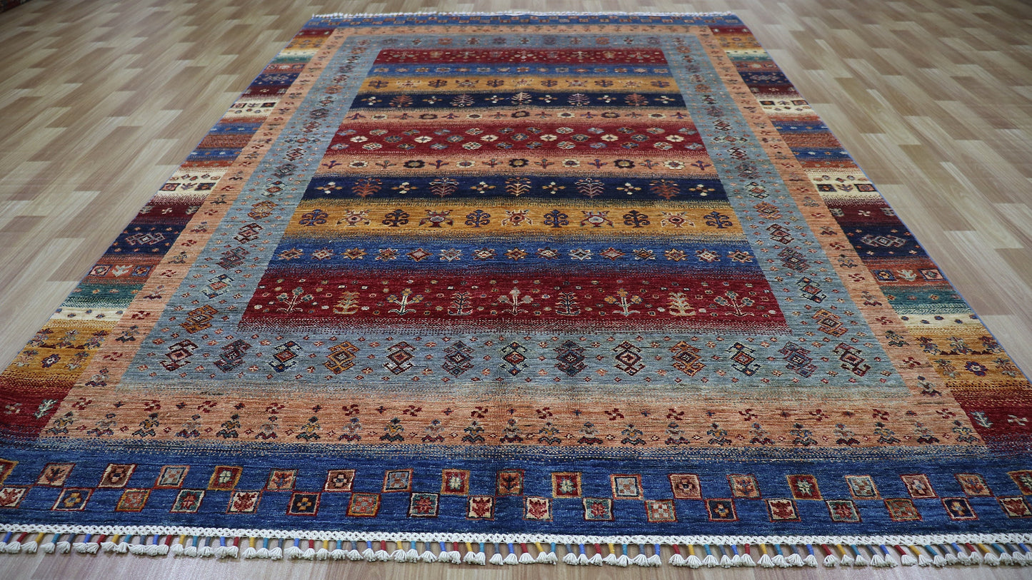 6x9 ft Gabbeh Tribal Area Rug, Blue Afghan Hand Knotted Wool Traditional Rectangle Carpet, Living Room Rug, Bedroom Rug, Dining Table Rug