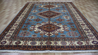 6x8 Ft Oriental Area Rug, Blue Afghan Hand Knotted Wool Traditional Rectangle Carpet, Rugs For Living Room, Bedroom Rug, Dining Table Rug