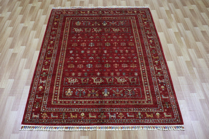 5x7 Ft Red Tribal Area Rug, Afghan Hand Knotted Wool Traditional Rectangle Carpet, 5x7 Rugs For Living Room, Bedroom Rug, Dining Table Rug