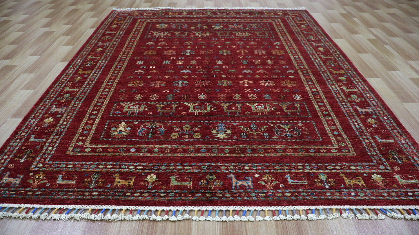 5x7 Ft Red Tribal Area Rug, Afghan Hand Knotted Wool Traditional Rectangle Carpet, 5x7 Rugs For Living Room, Bedroom Rug, Dining Table Rug