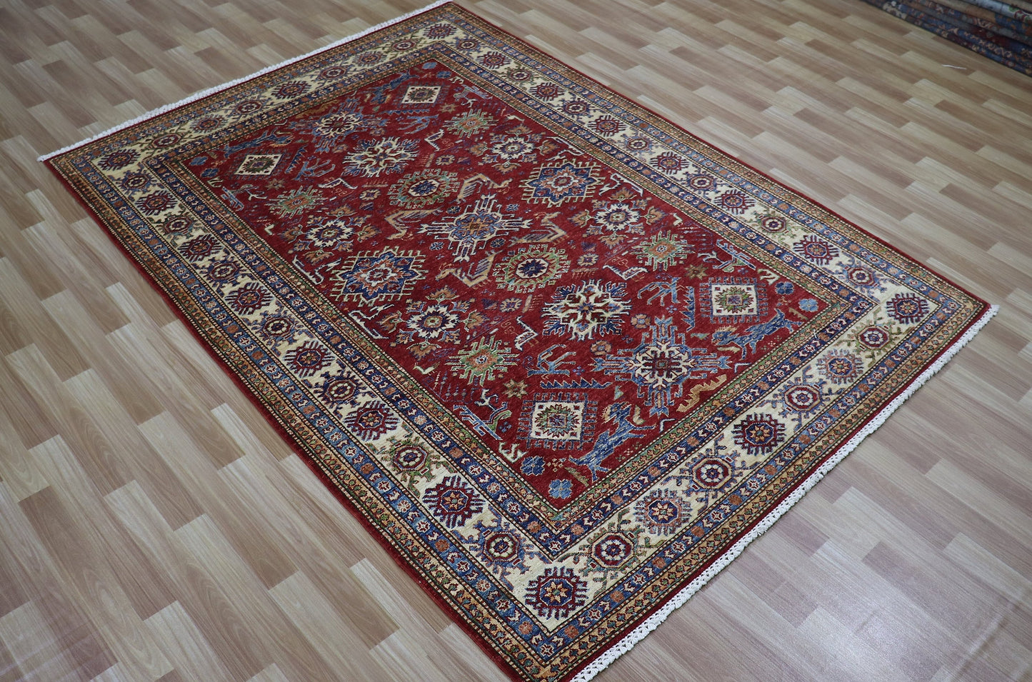 6x8 Ft Red Geometric Area Rug, Afghan Hand Knotted Wool Traditional Rectangle Carpet, Rugs For Living Room, Bedroom Rug, Dining Table Rug