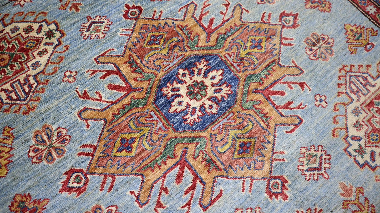 5x7 Ft Kazak Oriental Area Rug, Blue Afghan Hand Knotted Wool Traditional Rectangle Carpet, Living Room Rug, Bedroom Rug, Dining Table Rug