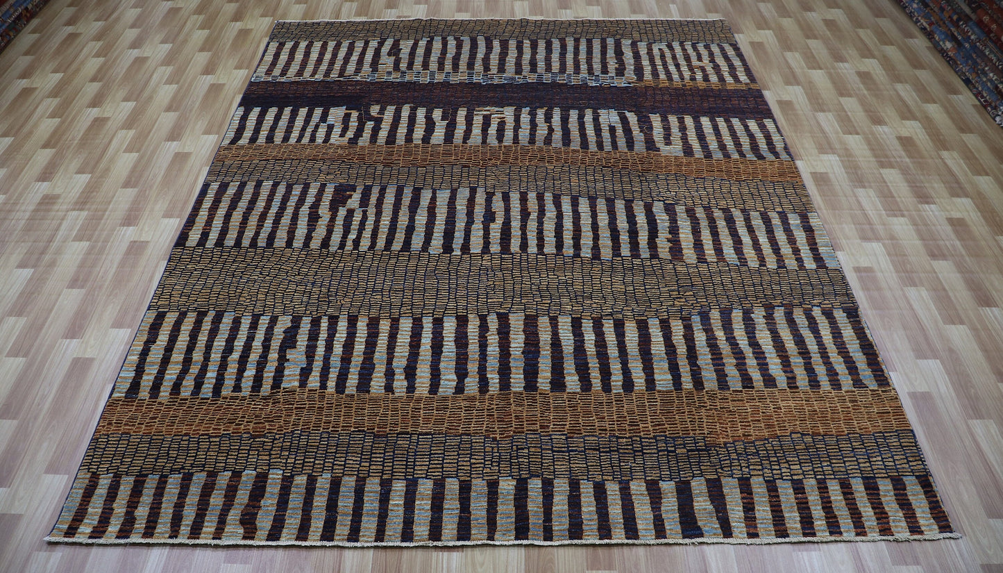 8x10 ft Striped Gabbeh Area Rug, Brown Afghan Hand Knotted Wool Traditional Rectangle Carpet, Living Room Rug, Bedroom Rug, Dining Table Rug