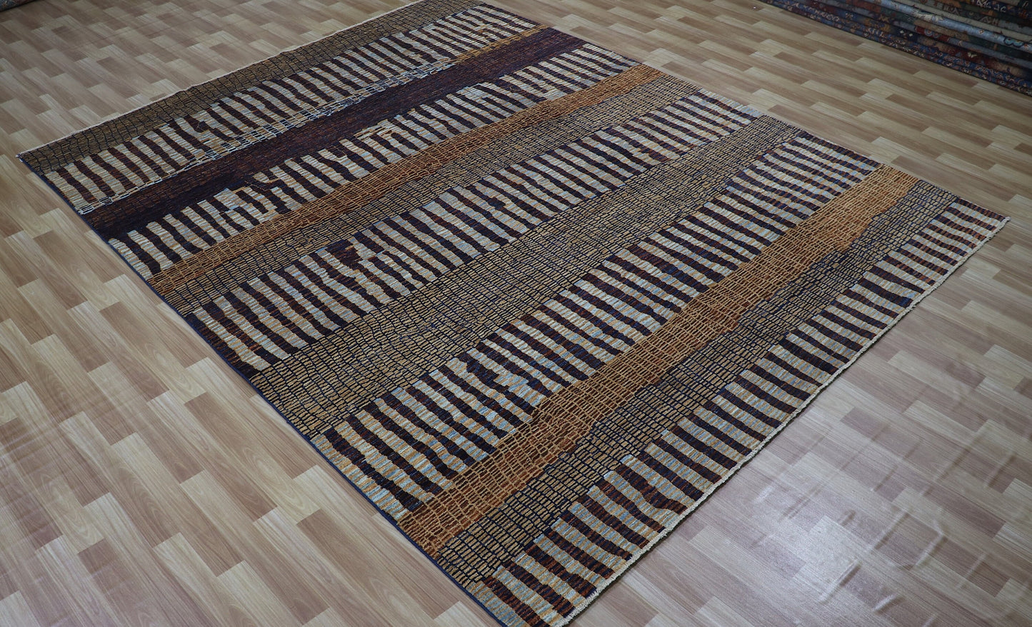 8x10 ft Striped Gabbeh Area Rug, Brown Afghan Hand Knotted Wool Traditional Rectangle Carpet, Living Room Rug, Bedroom Rug, Dining Table Rug