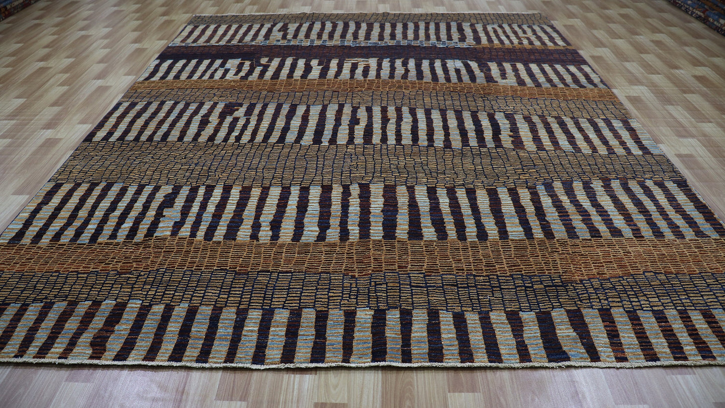 8x10 ft Striped Gabbeh Area Rug, Brown Afghan Hand Knotted Wool Traditional Rectangle Carpet, Living Room Rug, Bedroom Rug, Dining Table Rug