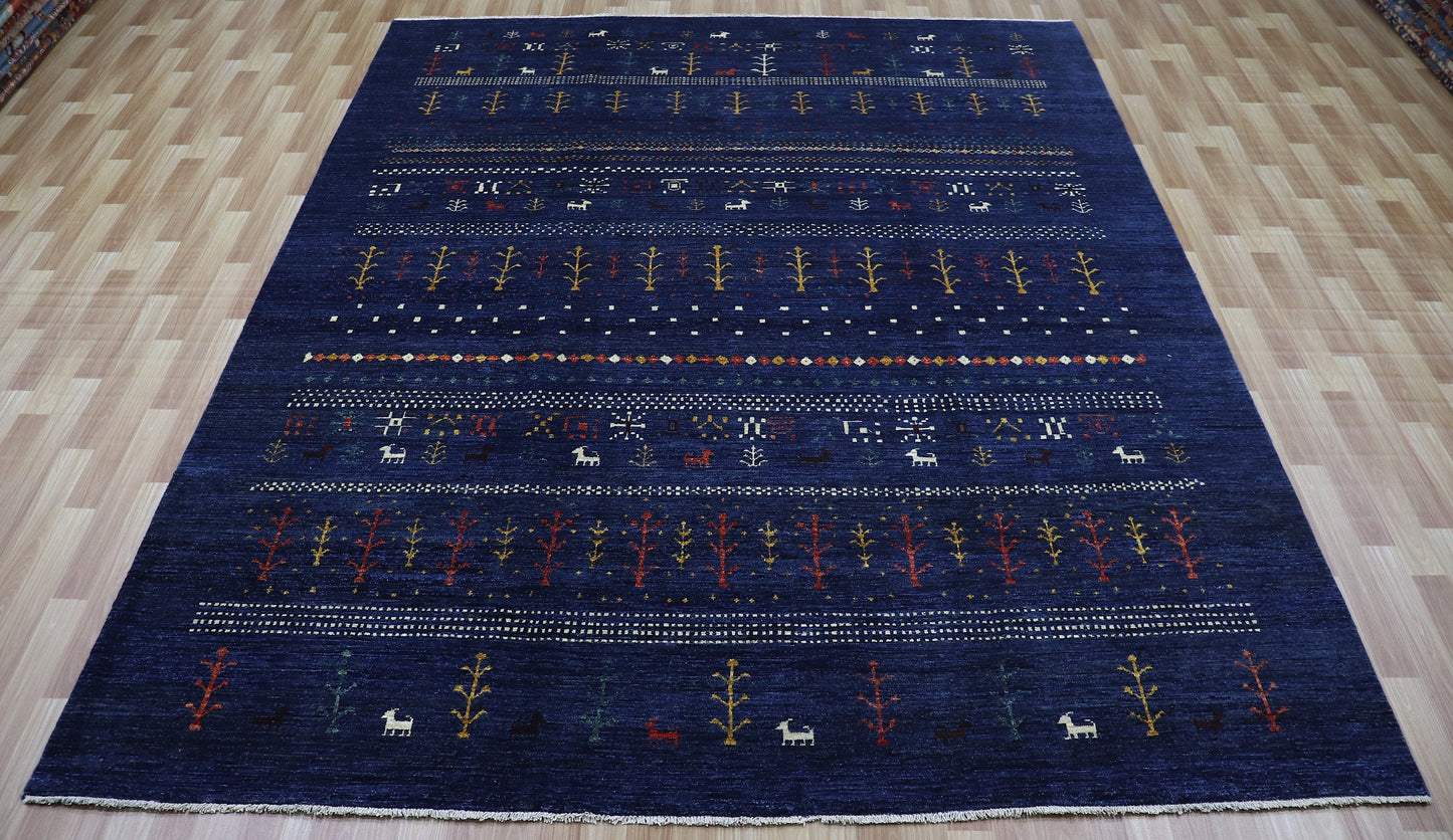 8x10 Ft Tribal Area Rug, Navy Blue Afghan Hand Knotted Wool Traditional Rectangle Carpet, Rug For Living Room, Bedroom Rug, Dining Table Rug