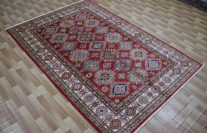 6x9 ft Geometric Area Rug, Red Afghan Hand Knotted Wool Traditional Rectangle Carpet, Rugs For Living Room, Bedroom Rug, Dining Table Rug