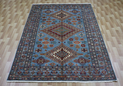 6x9 ft Geometric Oriental Area Rug, Blue Red Afghan Hand Knotted Wool Traditional Rectangle Carpet, Rugs For Living Room, Dining Table Rug