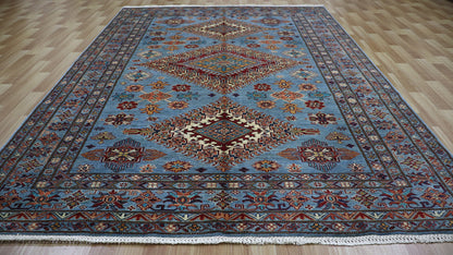 6x9 ft Geometric Oriental Area Rug, Blue Red Afghan Hand Knotted Wool Traditional Rectangle Carpet, Rugs For Living Room, Dining Table Rug