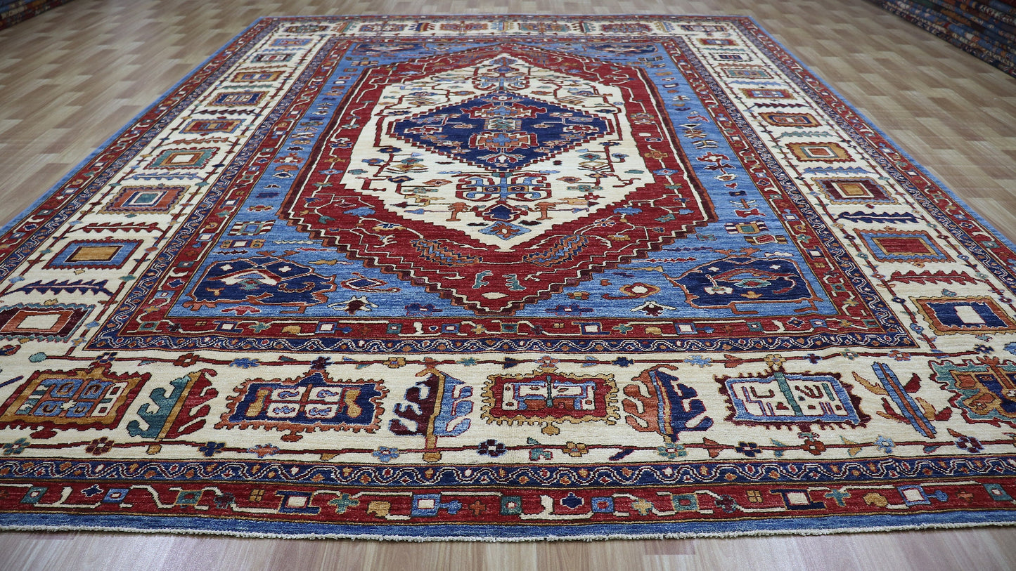 9x12 Ft Medallion Heriz Area Rug, Blue Afghan Hand Knotted Wool Traditional Rectangle Carpet, Living Room Rug, Bedroom Rug, Dining Table Rug