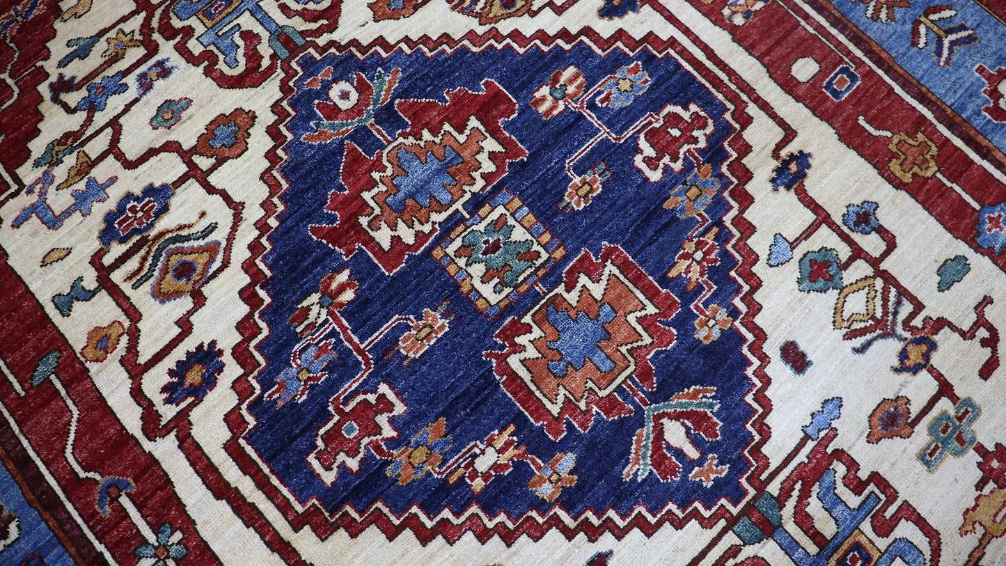 9x12 Ft Medallion Heriz Area Rug, Blue Afghan Hand Knotted Wool Traditional Rectangle Carpet, Living Room Rug, Bedroom Rug, Dining Table Rug