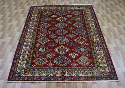 6x8 ft Oriental Area Rug, Red Afghan Hand Knotted Wool Traditional Rectangle Carpet, Rugs For Living Room, Bedroom Rug, Dining Table Rug