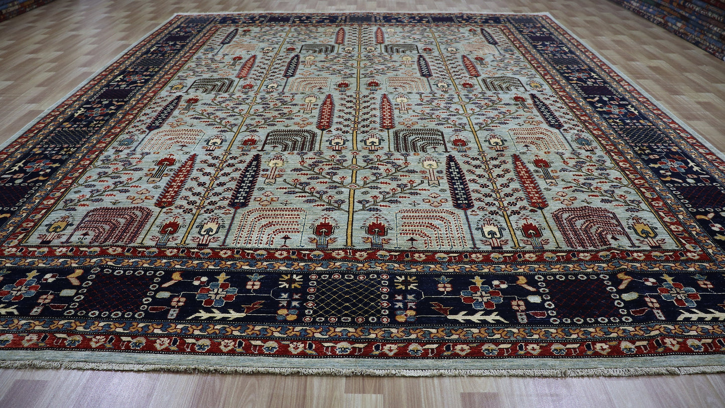 9x12 Ft Tree Tribal Area Rug, Blue Afghan Hand Knotted Wool Traditional Rectangle Carpet, Rug For Living Room, Bedroom Rug, Dining Table Rug