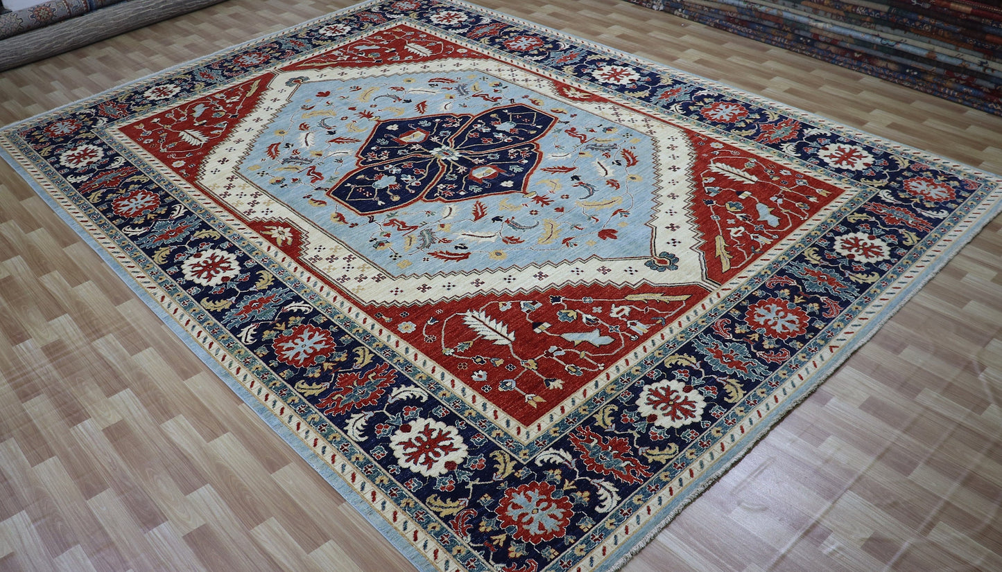 10x14 Ft Medallion Heriz Large Area Rug, Blue Persian Hand Knotted Wool Traditional Carpet, Living Room Rug, Bedroom Rug, Dining Table Rug