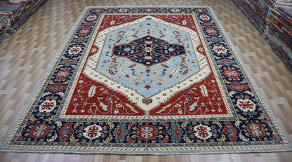 10x14 Ft Medallion Heriz Large Area Rug, Blue Persian Hand Knotted Wool Traditional Carpet, Living Room Rug, Bedroom Rug, Dining Table Rug