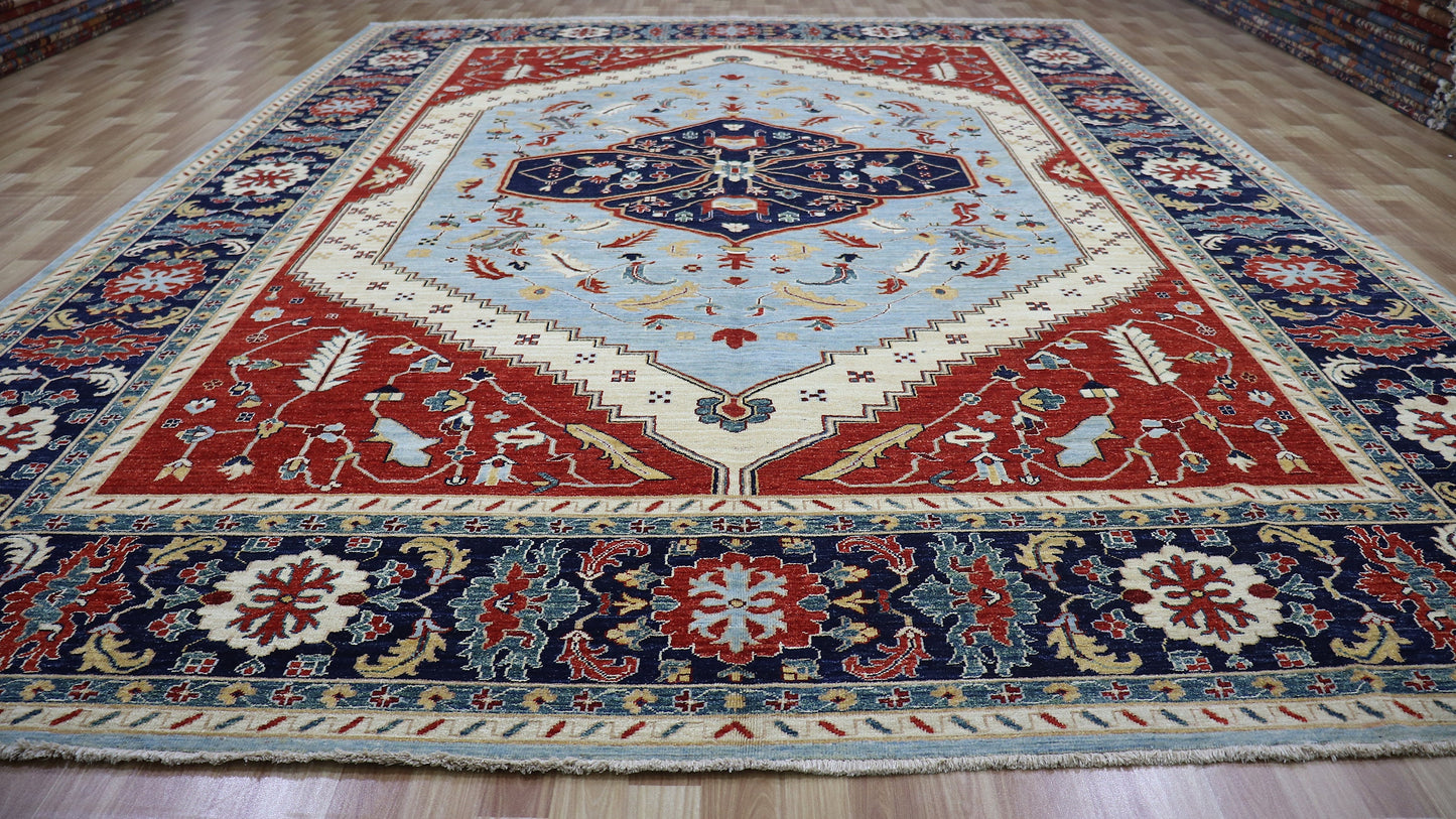 10x14 Ft Medallion Heriz Large Area Rug, Blue Persian Hand Knotted Wool Traditional Carpet, Living Room Rug, Bedroom Rug, Dining Table Rug