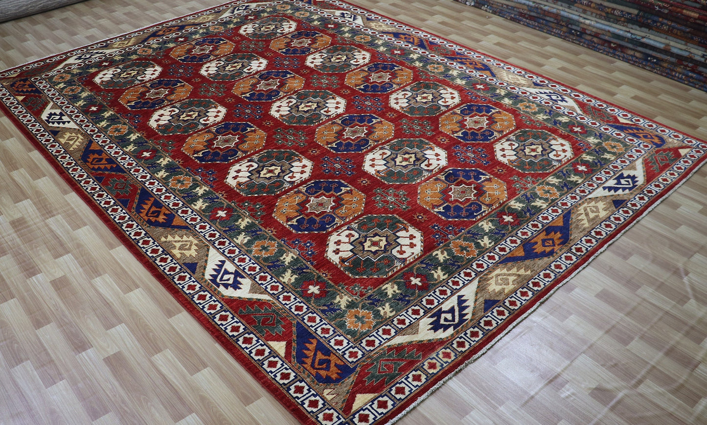 10x13 Ft Bokhara Large Area Rug, Red Afghan Hand Knotted Wool Traditional Rectangle Carpet, Living Room Rug, Bedroom Rug, Oriental Boho Rug