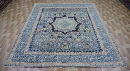 8x10 Ft Oriental Mamluk Area Rug, Blue Afghan Hand Knotted Wool Traditional Rectangle Carpet, Living Room Rug, Bedroom Rug, Dining Table Rug