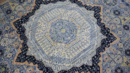 8x10 Ft Oriental Mamluk Area Rug, Blue Afghan Hand Knotted Wool Traditional Rectangle Carpet, Living Room Rug, Bedroom Rug, Dining Table Rug