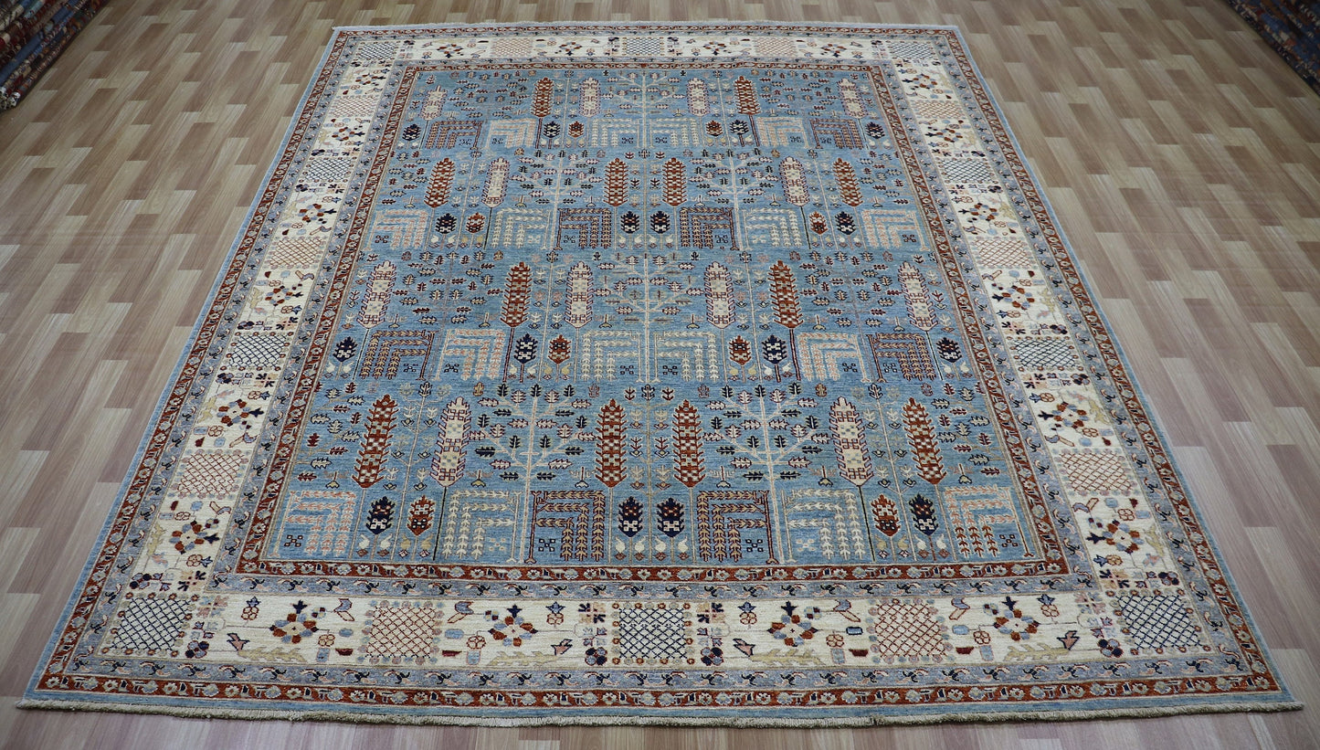 8x10 Ft Tree Print Area Rug, Blue Beige Afghan Hand Knotted Wool Tribal Rectangle Carpet, Rug For Living Room, Bedroom Rug, Dining Table Rug