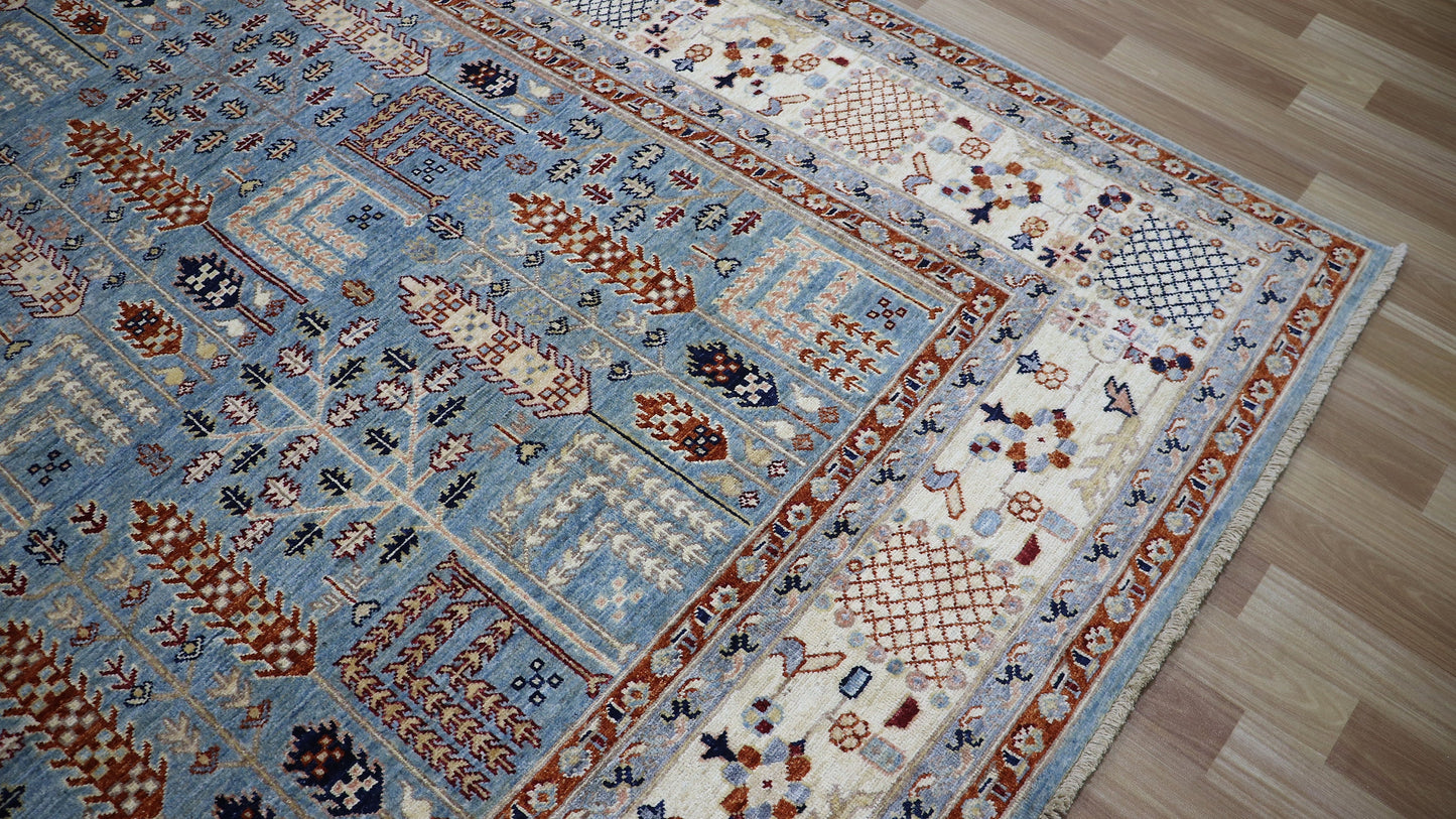 8x10 Ft Tree Print Area Rug, Blue Beige Afghan Hand Knotted Wool Tribal Rectangle Carpet, Rug For Living Room, Bedroom Rug, Dining Table Rug