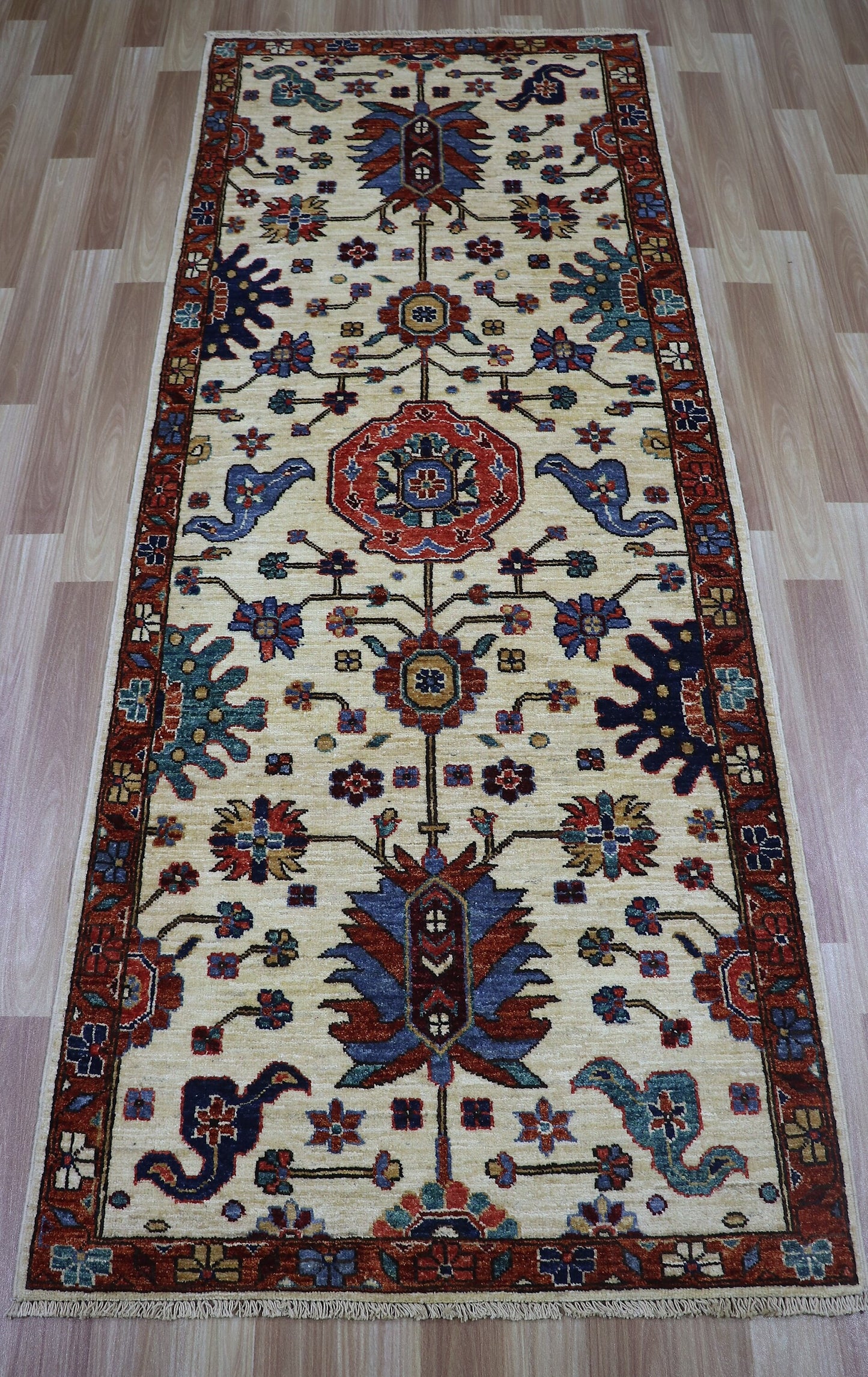 7 Ft Beige Oriental Runner Rug, Afghan Hand Knotted Wool Traditional Rectangle Carpet, Entryway Rug, Hallway Rug, Kitchen Rug, Foyer Rug