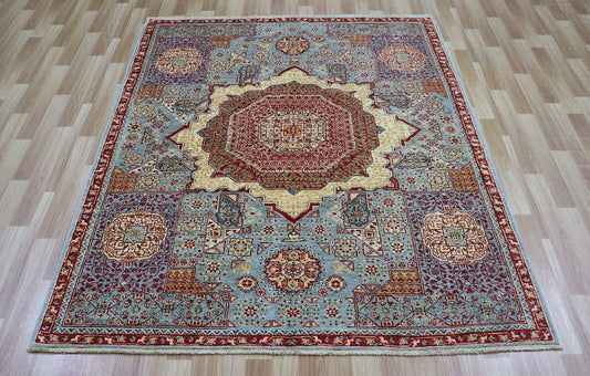 5x7 Ft Oriental Mamluk Area Rug, Blue Afghan Hand Knotted Wool Traditional Rectangle Carpet, Living Room Rug, Bedroom Rug, Dining Table Rug