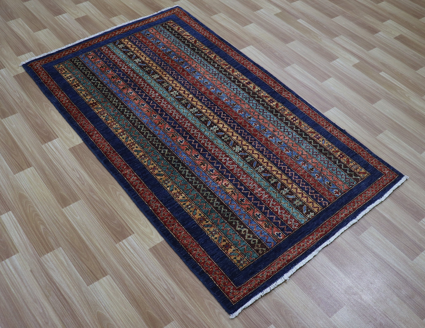 3x5 Ft Turkish Shawl Small Area Rug, Blue Afghan Hand Knotted Wool Traditional Rectangle Carpet, Rug For Entryway, Kitchen Rug, Bathroom Rug