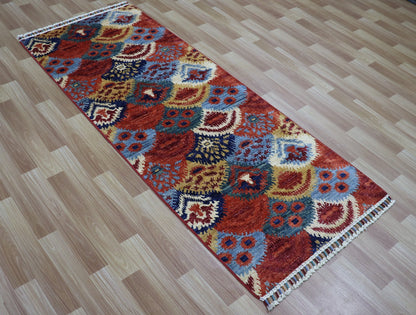 7 Ft Red Ikat Runner Rug, Afghan Hand Knotted Wool Traditional Rectangle Carpet, Entryway Rug, Hallway Rug, Kitchen Rug, Living Room Rug